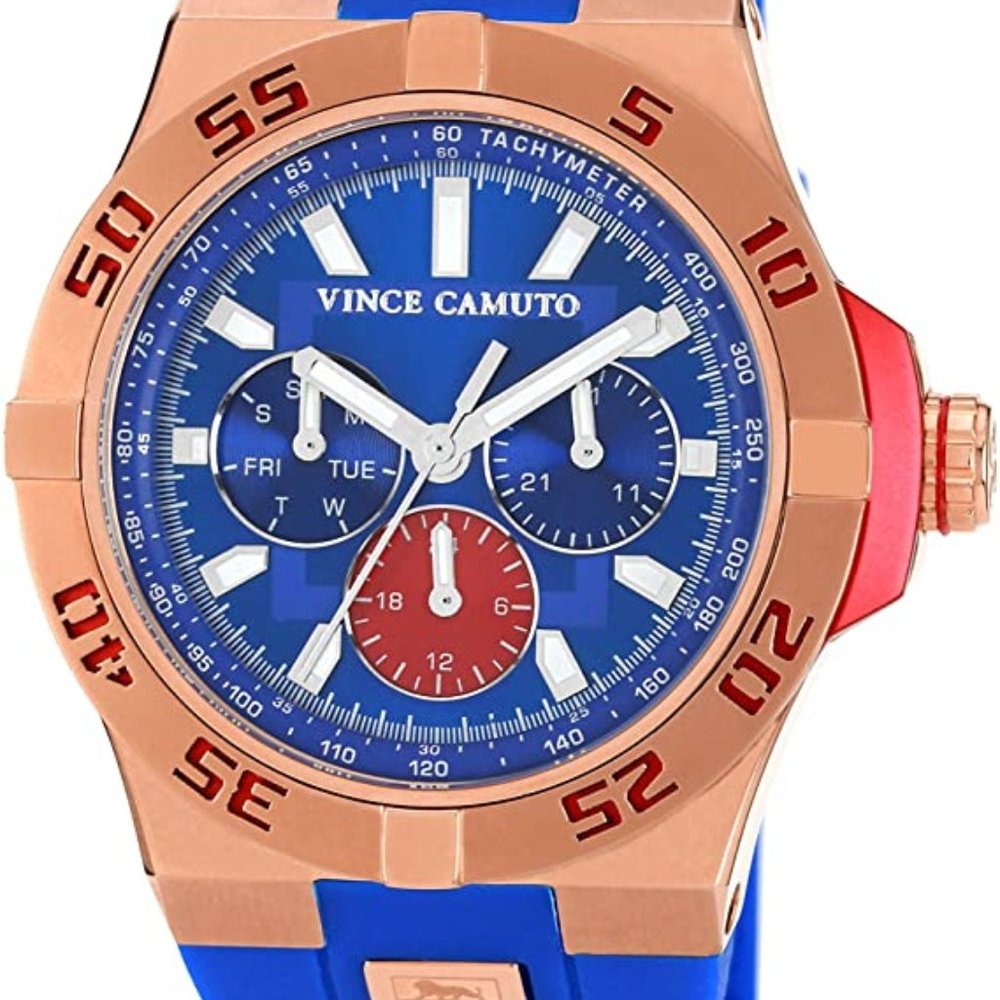 Vince Camuto 43MM Rose Gold-Tone Blue Rubber Band Watch Men's VC/1010BLRG "The M